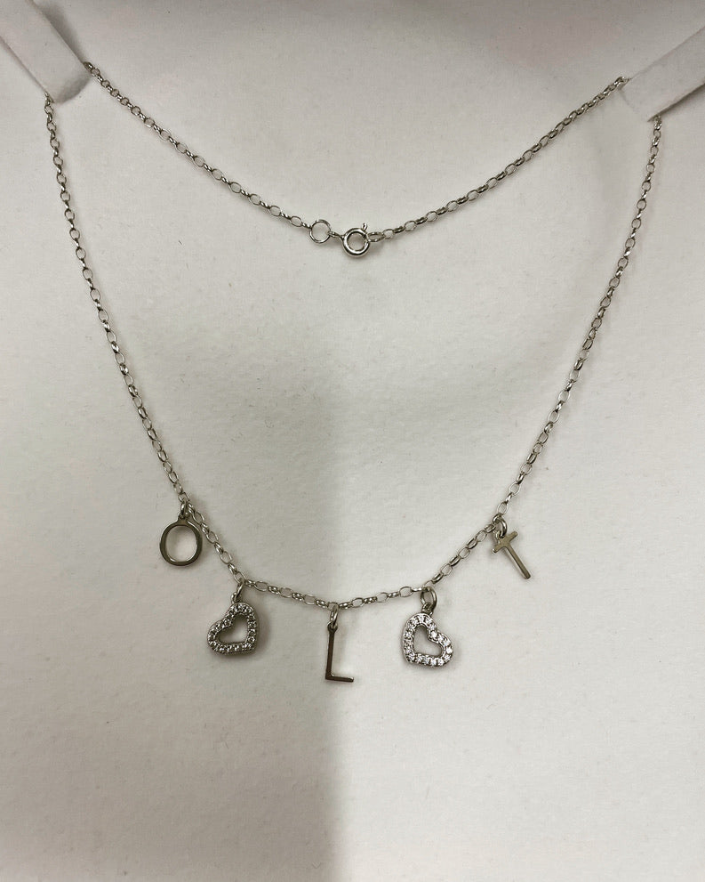 Silver letter and charm necklace