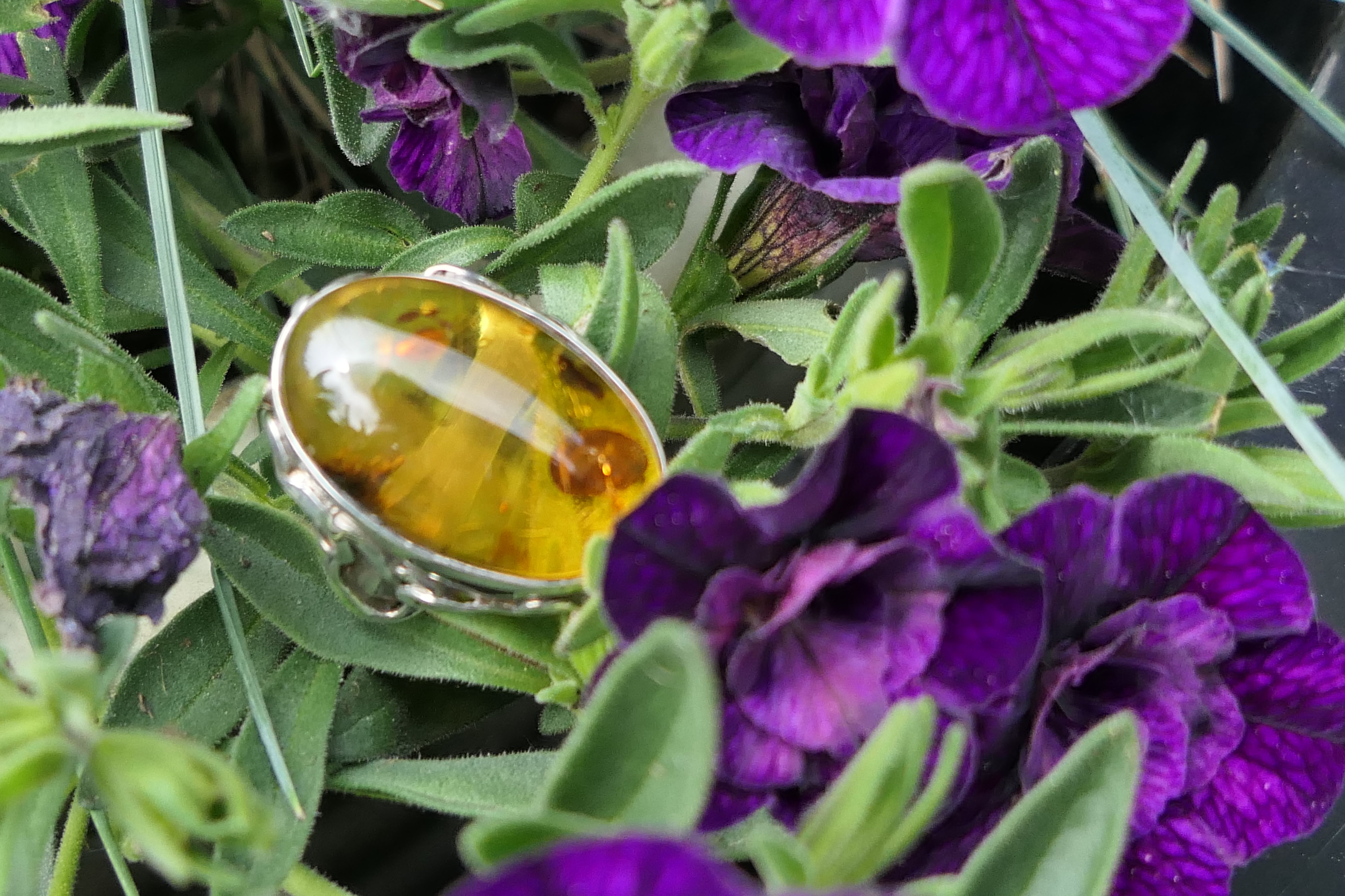 Silver amber ring