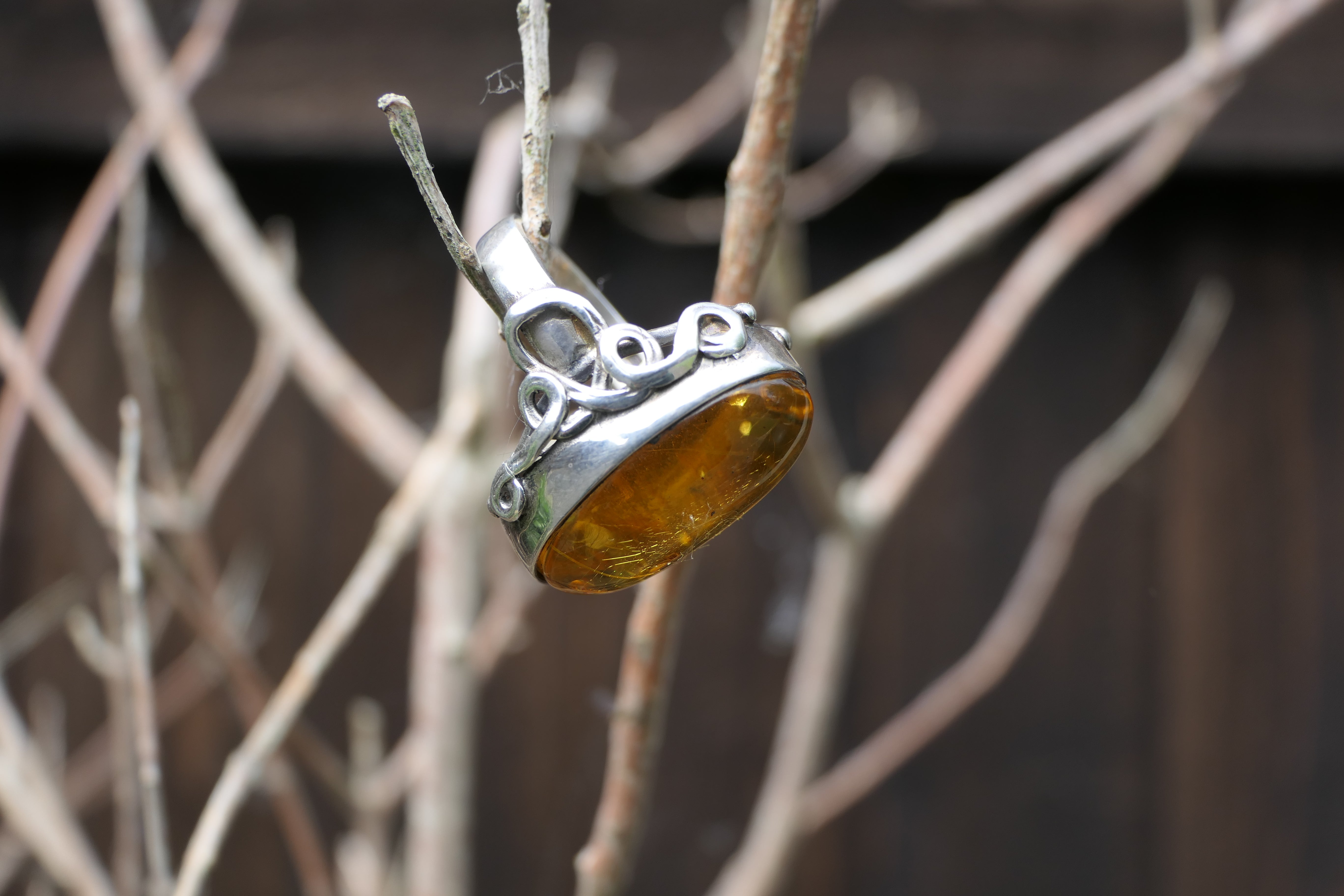 Silver amber ring